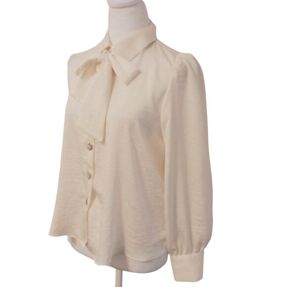 Zara Medium Cream Tie Neck Blouse W/ Decorative Buttons of Clustered Pearl Beads - Picture 3 of 15